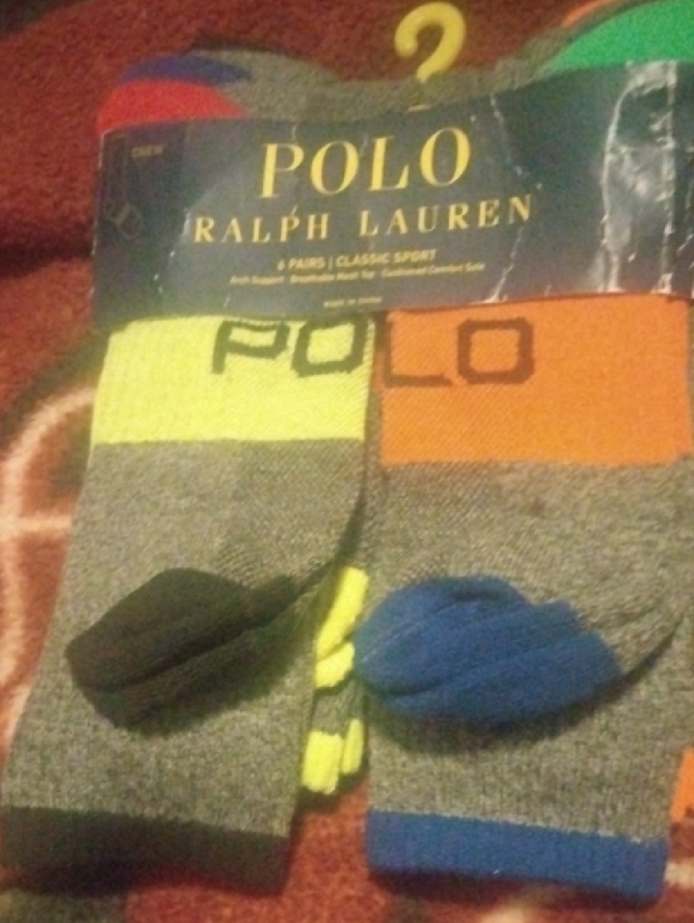 Polo by Ralph Lauren Gray Crew Socks with Neon Yellow, Orange & Blue Accents